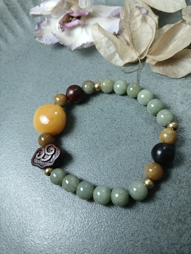 珠串雕刻手鍊-方圓無限 金絲玉+紫檀木+油青種緬甸玉