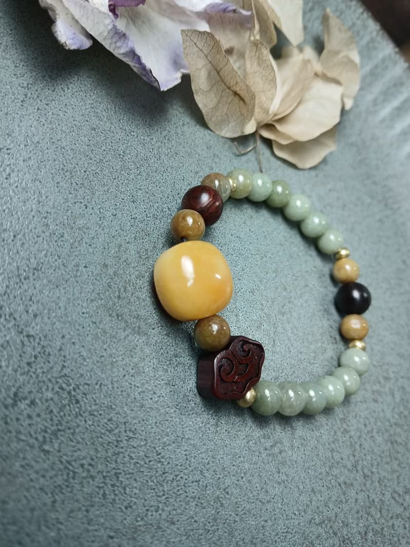 珠串雕刻手鍊-方圓無限 金絲玉+紫檀木+油青種緬甸玉
