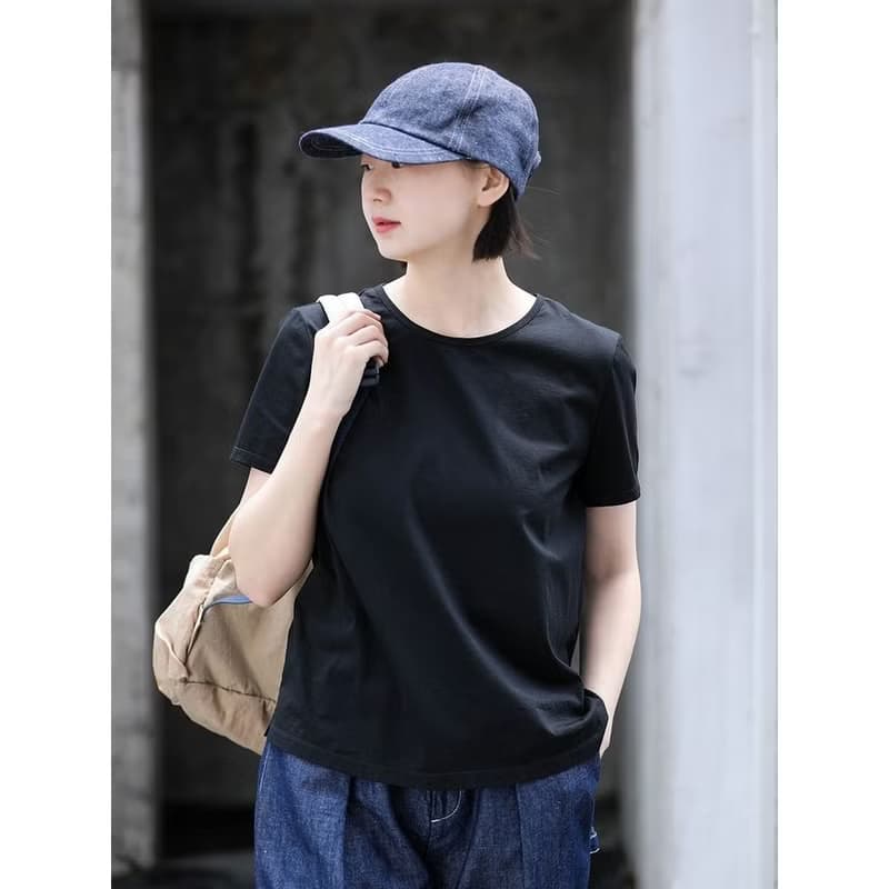 黑色長絨絲光棉輕薄簡潔經典百搭針織短袖T恤汗衫