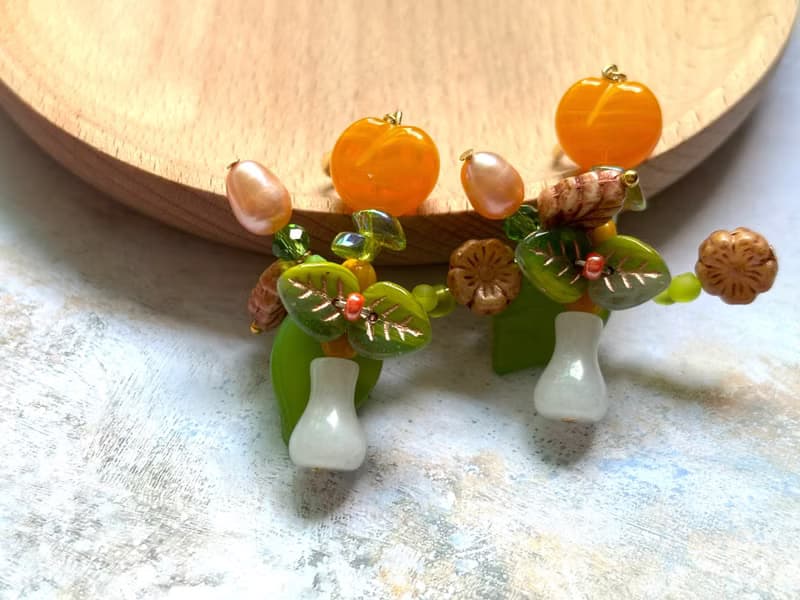 原創手作花瓶耳飾 串珠花束耳環 花朵耳環 手作吊墜耳環 耳夾