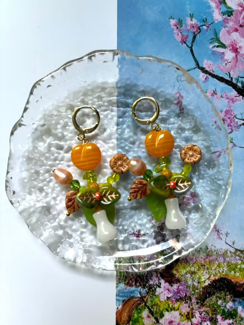 原創手作花瓶耳飾 串珠花束耳環 花朵耳環 手作吊墜耳環 耳夾