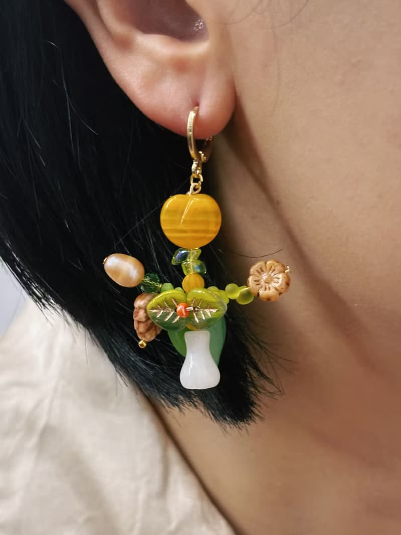 原創手作花瓶耳飾 串珠花束耳環 花朵耳環 手作吊墜耳環 耳夾