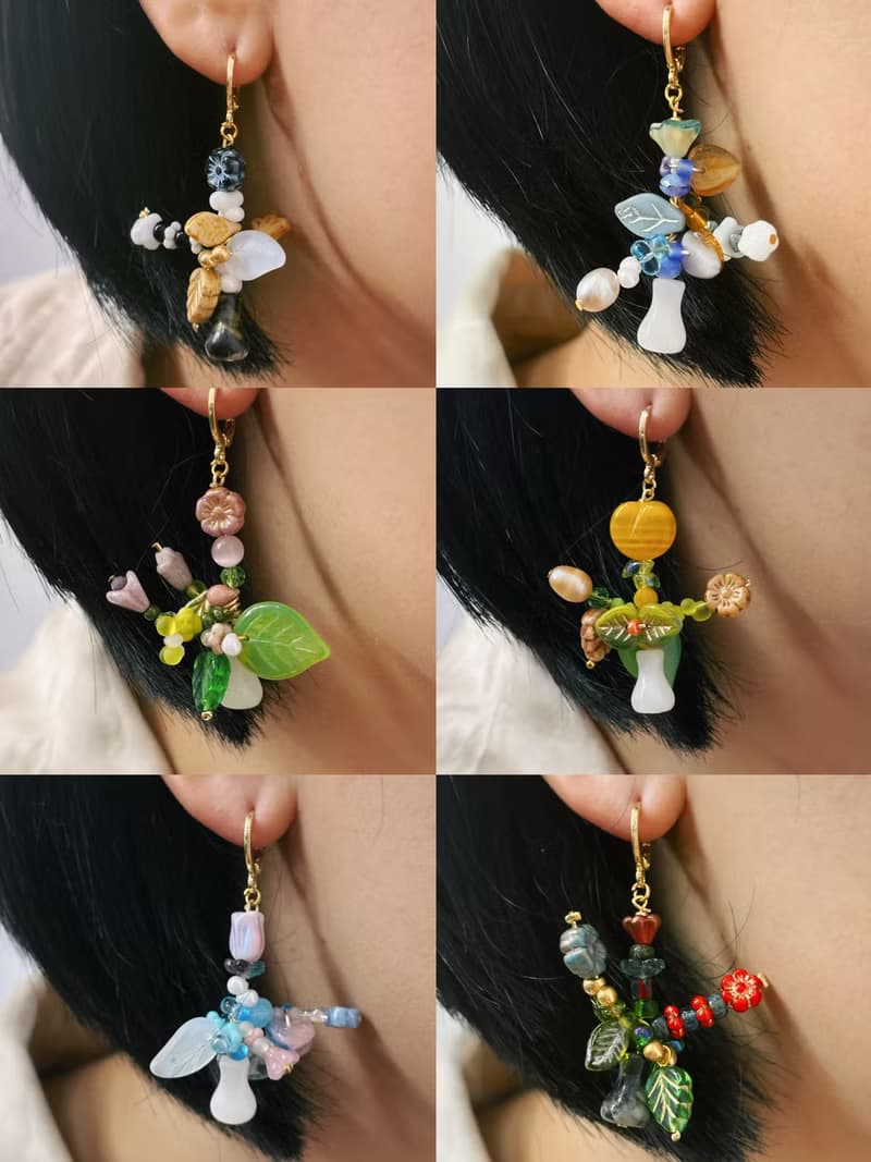 原創手作花瓶耳飾 串珠花束耳環 花朵耳環 手作吊墜耳環 耳夾