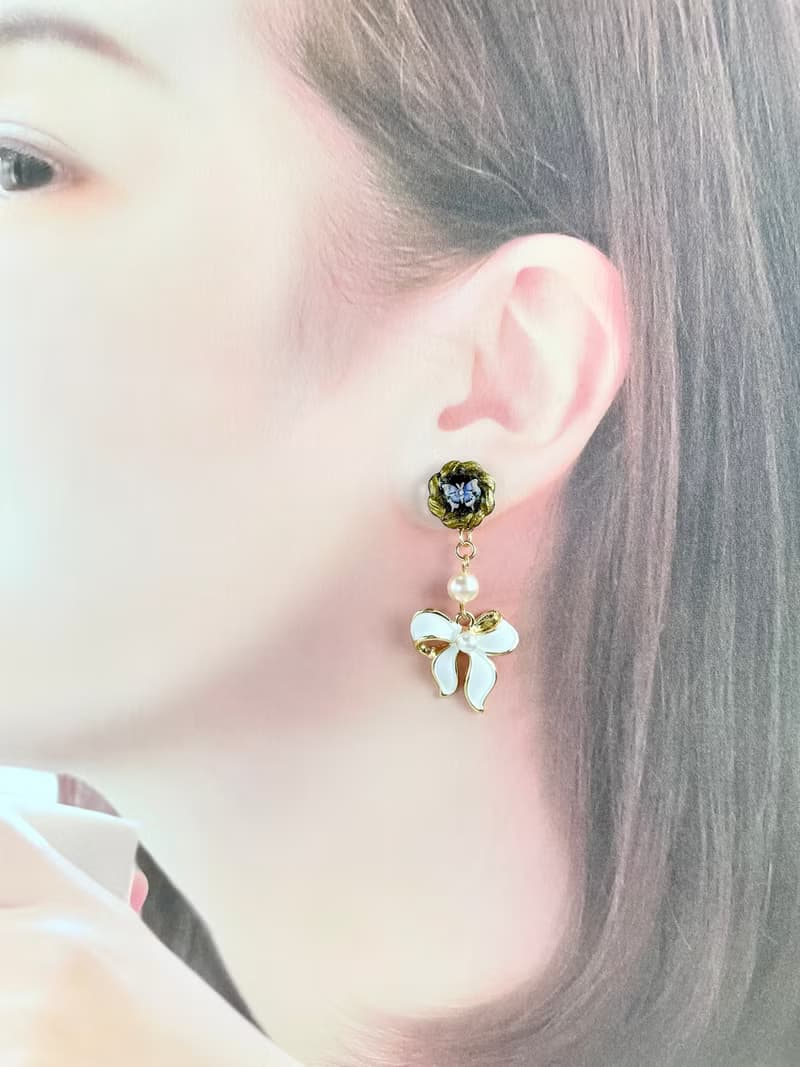 蝴蝶和絲帶耳環 紫金色 黑色 白色
