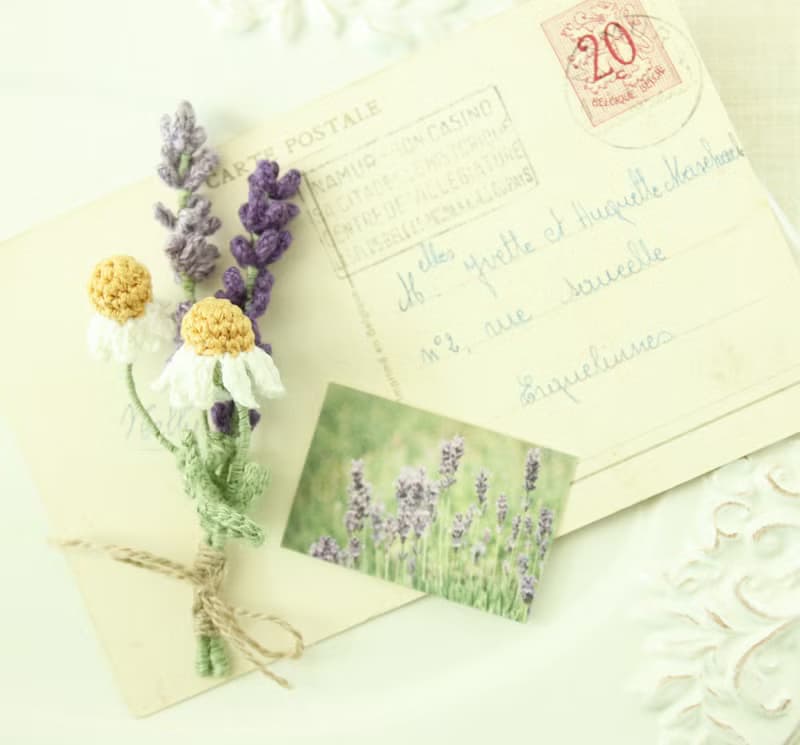 薰衣草 洋甘菊 花束胸針 S 人手鉤針編織 日本天然麻線 清新脫俗