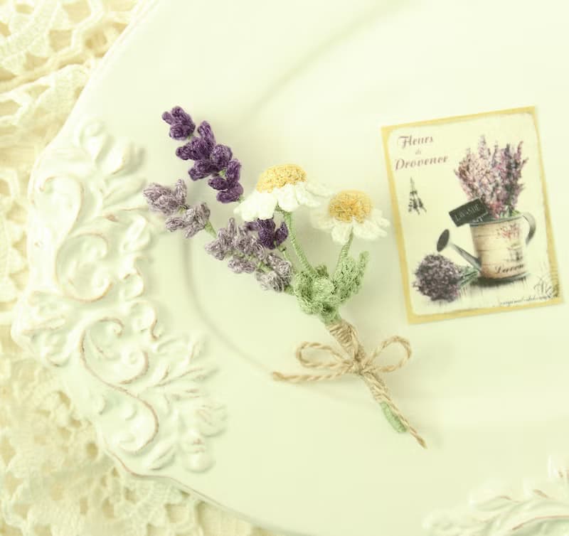 薰衣草 洋甘菊 花束胸針 S 人手鉤針編織 日本天然麻線 清新脫俗