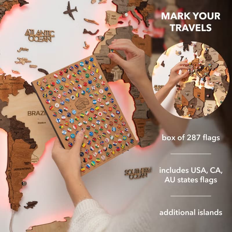 木質世界地圖 LED 世界地圖 帶圖釘 閣樓裝飾 牆壁裝飾