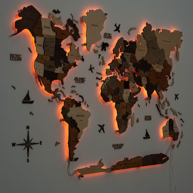 木質世界地圖 LED 世界地圖 帶圖釘 閣樓裝飾 牆壁裝飾