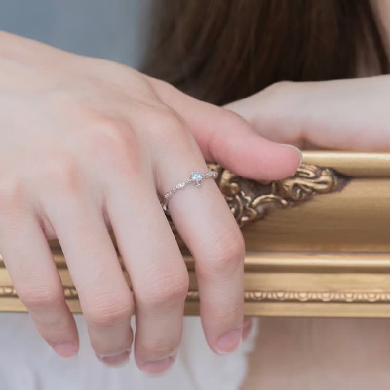 鑽面拉長石925純銀典雅宮廷風格戒指 可調式戒指