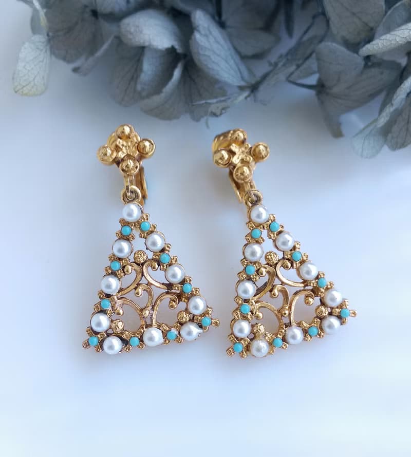 Vintage Jewelry 西洋古董飾品 FLORENZA 細緻三角繞珠 夾式耳環