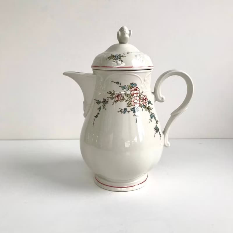Villeroy 和Boch 玫瑰花茶壺 |瓷茶壺與粉紅色 藍色花朵|復古維