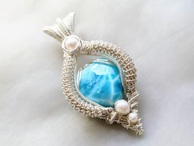 【海洋跫音】/ 收藏級拉利瑪/淡水珍珠/吊墜/黃銅鍍925銀珠寶線