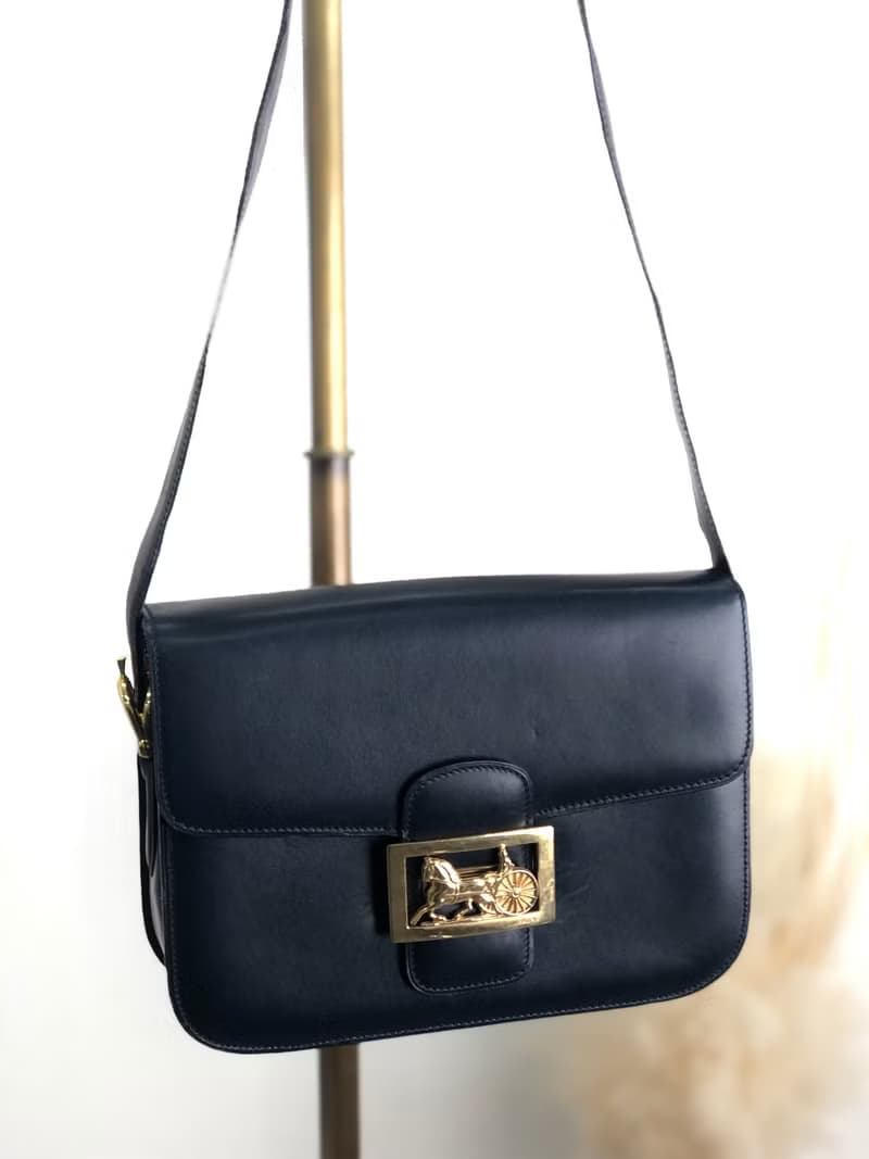 【 日本直送　名牌中古包 】CELINE セリーヌ ショルダーバッグ ネイビー ホースキャリッジ レザー vintage ヴィンテージ オールド 8fttsw