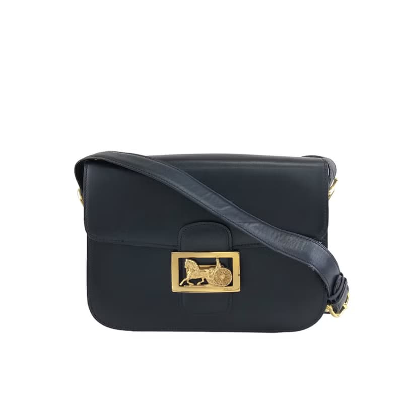 【 日本直送　名牌中古包 】CELINE セリーヌ ショルダーバッグ ネイビー ホースキャリッジ レザー vintage ヴィンテージ オールド 8fttsw