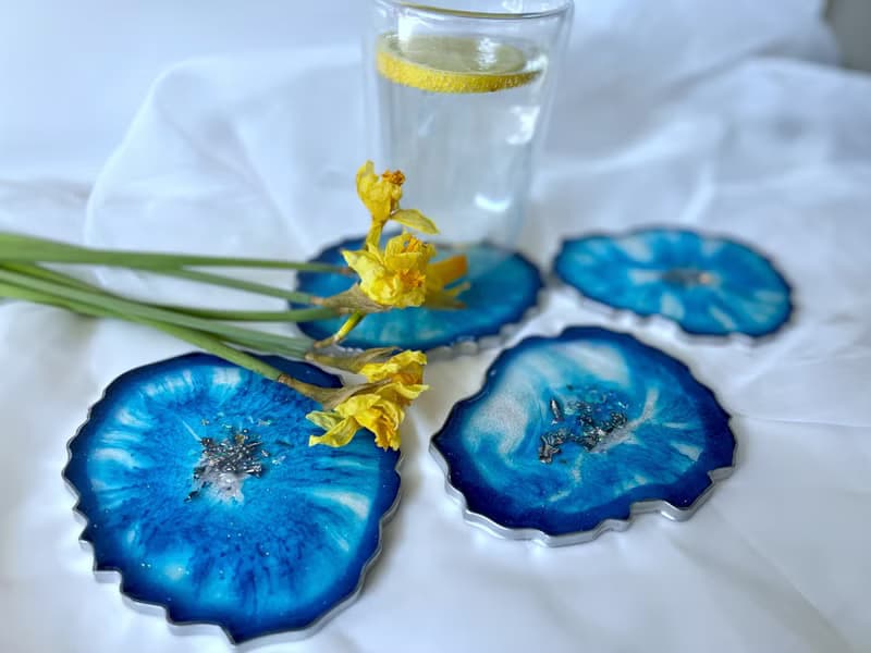 Aizen Blue agate geode coaster for table ware. 廚房收納 樹脂畫 杯墊 結婚禮物 茶具 托盤 喬遷禮物 藍染