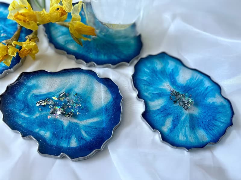 Aizen Blue agate geode coaster for table ware. 廚房收納 樹脂畫 杯墊 結婚禮物 茶具 托盤 喬遷禮物 藍染