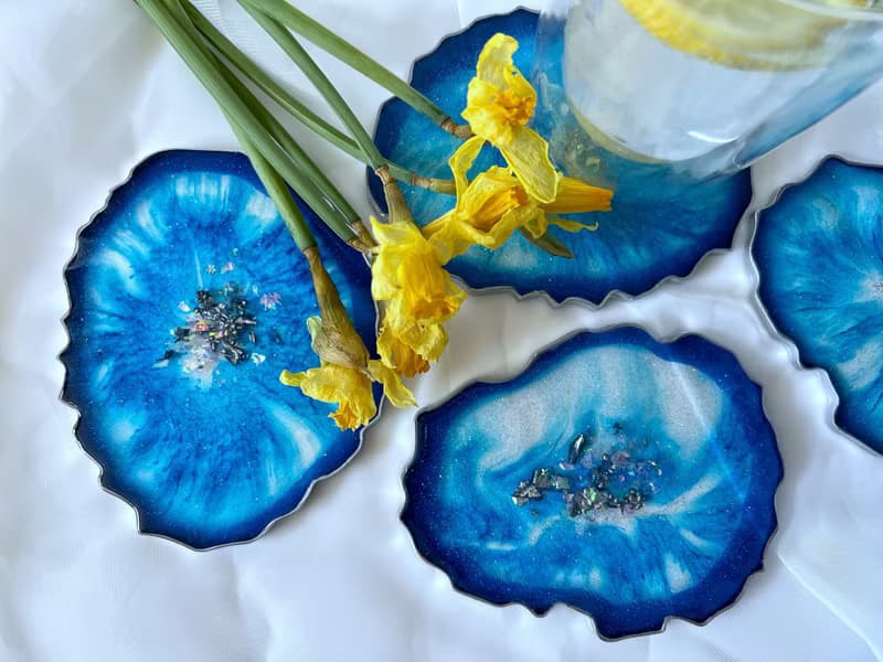 Aizen Blue agate geode coaster for table ware. 廚房收納 樹脂畫 杯墊 結婚禮物 茶具 托盤 喬遷禮物 藍染