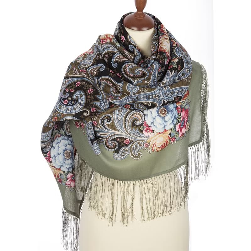 Pavlovo Posad Russian Shawl 100% Wool Scarf 125x125 cm Wrap Silk Fringe 1665-2
