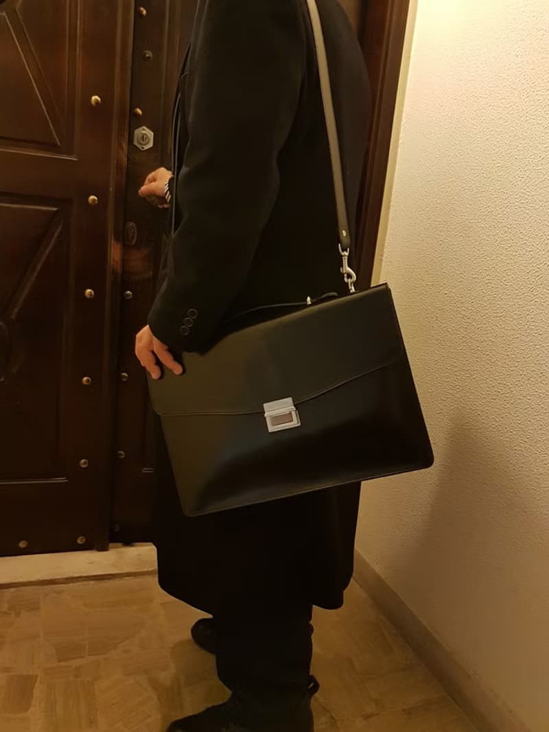 Black vegetable-tanned leather briefcase / nickel finish brass accessories