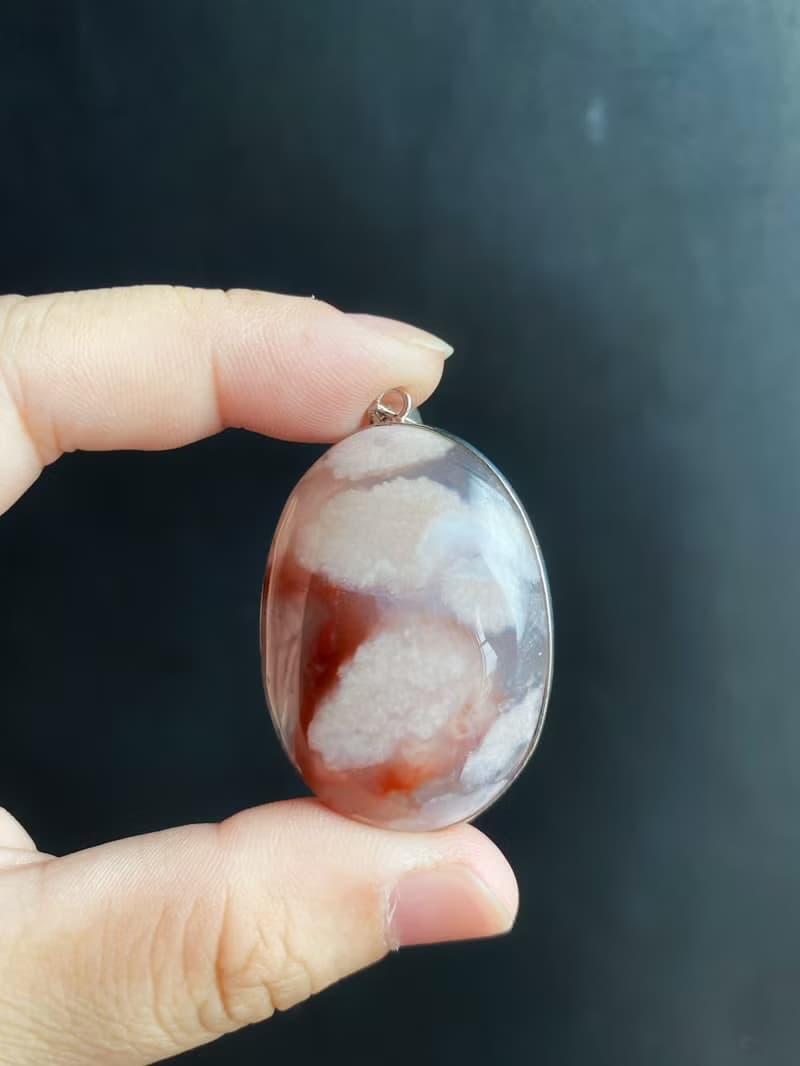 牛血紅水中花 S925銀鑲 櫻花瑪瑙 吊墜 項鍊 意境炸花原礦藝術品