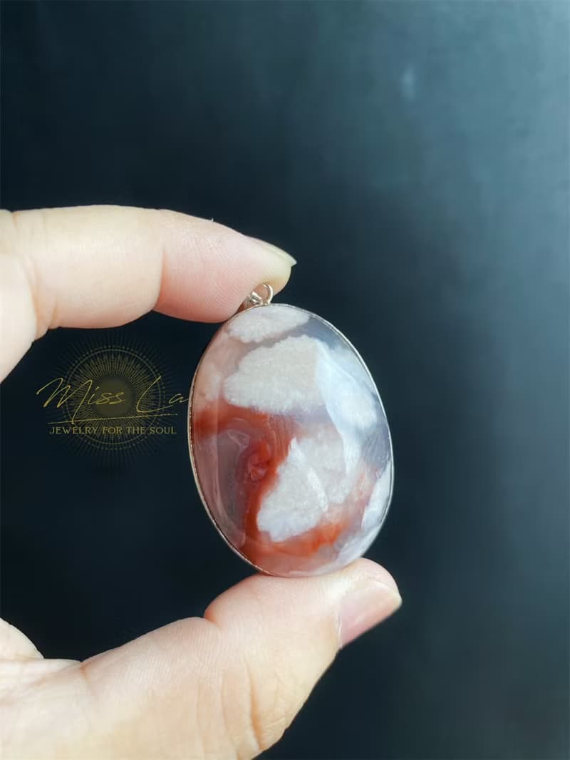 牛血紅水中花 S925銀鑲 櫻花瑪瑙 吊墜 項鍊 意境炸花原礦藝術品