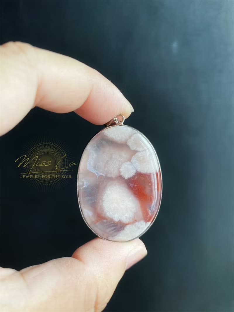 牛血紅水中花 S925銀鑲 櫻花瑪瑙 吊墜 項鍊 意境炸花原礦藝術品