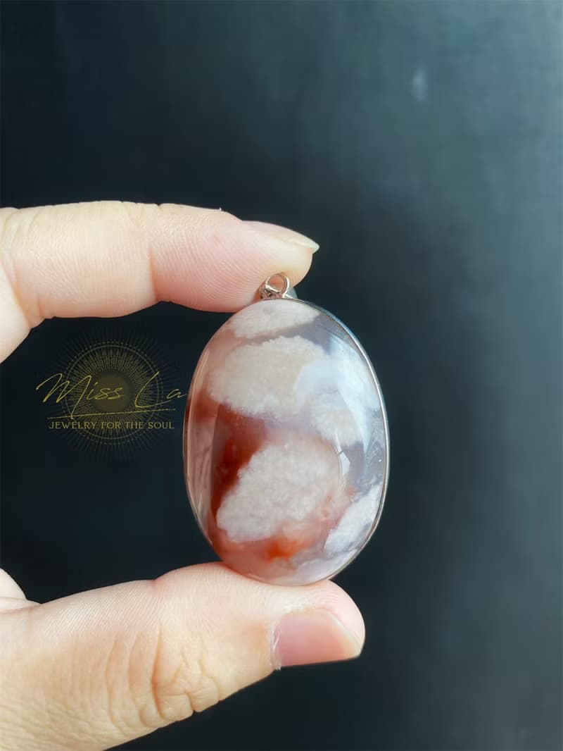 牛血紅水中花 S925銀鑲 櫻花瑪瑙 吊墜 項鍊 意境炸花原礦藝術品