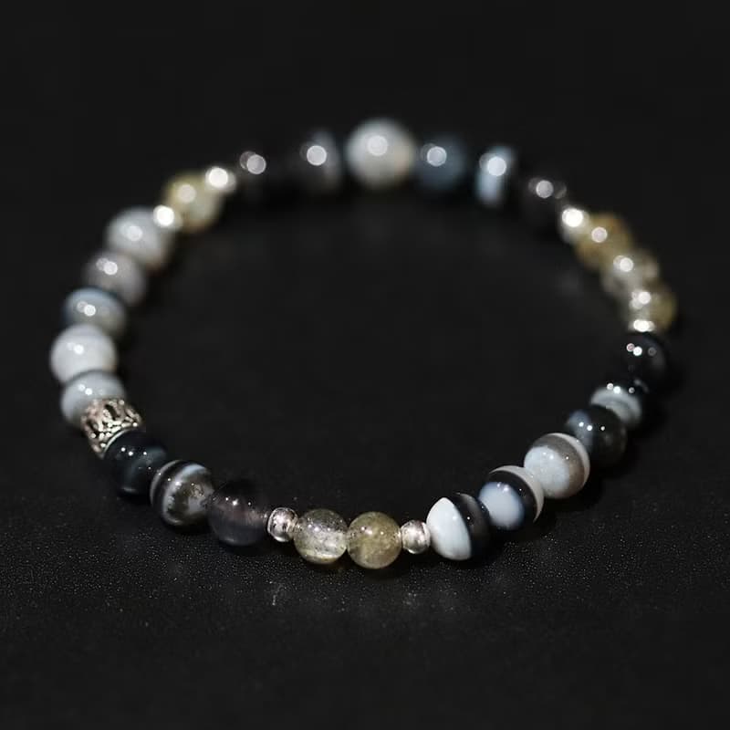 Night Edge Black Agate Labradorite Silver Bracelet Unisex