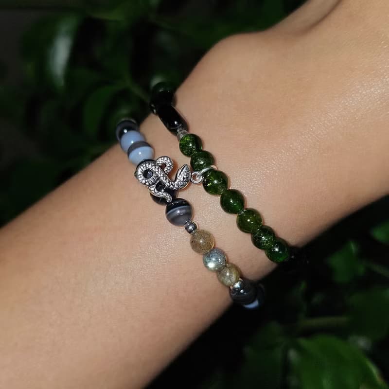 Night Edge Black Agate Labradorite Silver Bracelet Unisex