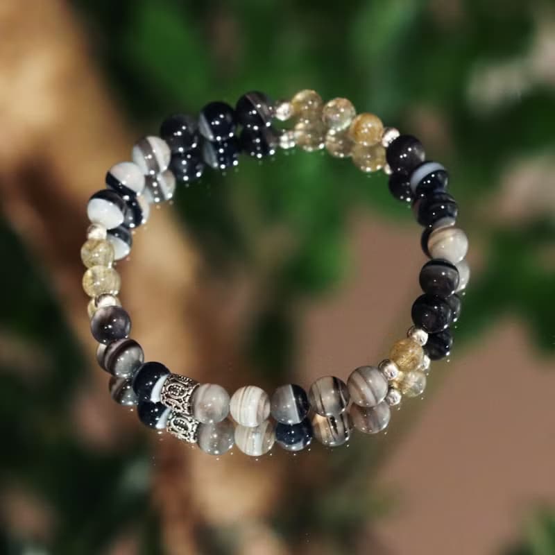 Night Edge Black Agate Labradorite Silver Bracelet Unisex