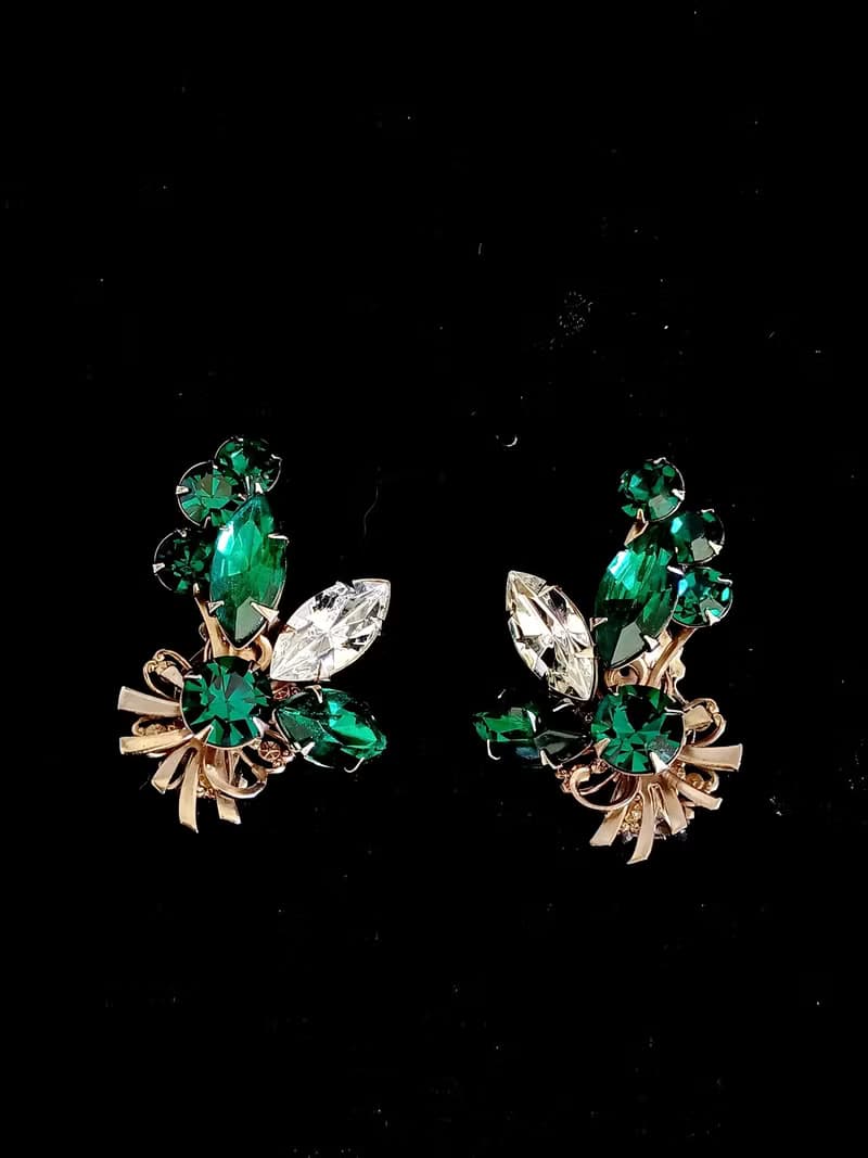 vintage jewelry 高雅綠白萊茵纏枝花卉  夾式耳環