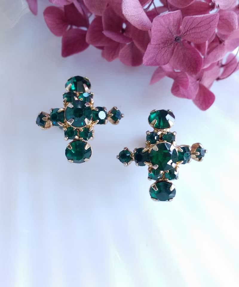 Vintage Jewelry 西洋古董飾品 十字綠萊茵 復古 栓式耳環