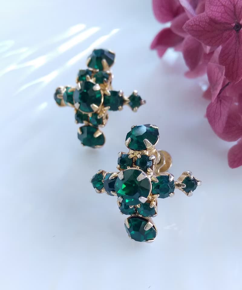 Vintage Jewelry 西洋古董飾品 十字綠萊茵 復古 栓式耳環