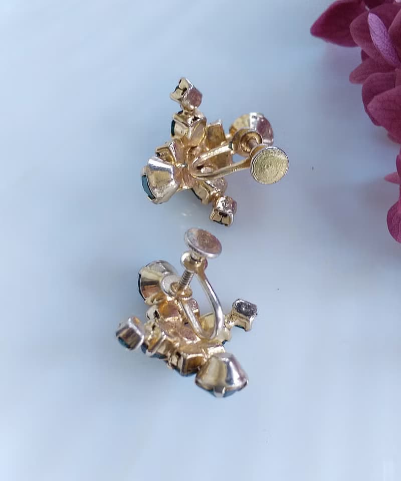 Vintage Jewelry 西洋古董飾品 十字綠萊茵 復古 栓式耳環