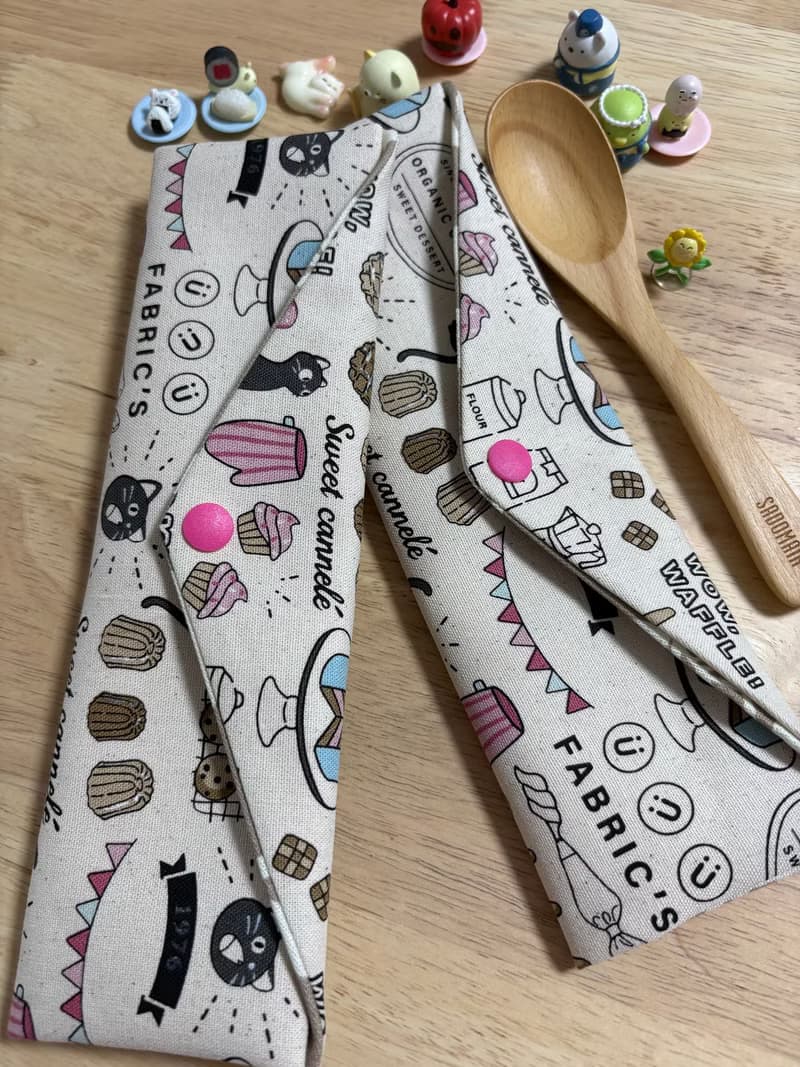 文青風環保純棉筷袋 貓咪下午茶 原胚卡其 竹林聽風 厚實手感 童