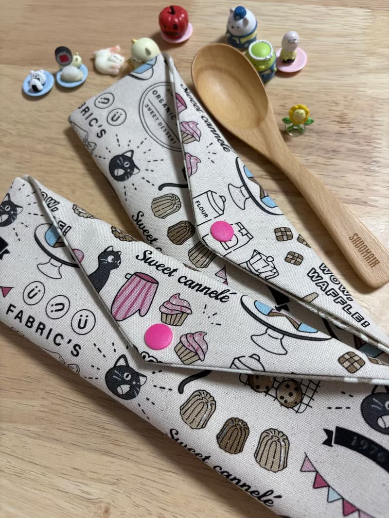 文青風環保純棉筷袋 貓咪下午茶 原胚卡其 竹林聽風 厚實手感 童