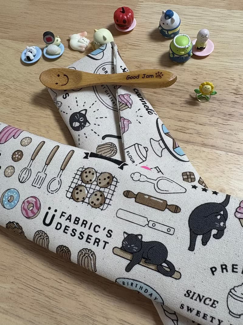 文青風環保純棉筷袋 貓咪下午茶 原胚卡其 竹林聽風 厚實手感 童