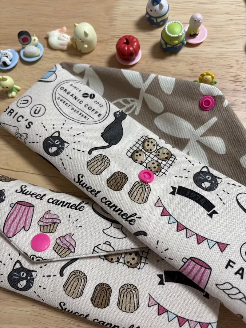 文青風環保純棉筷袋 貓咪下午茶 原胚卡其 竹林聽風 厚實手感 童