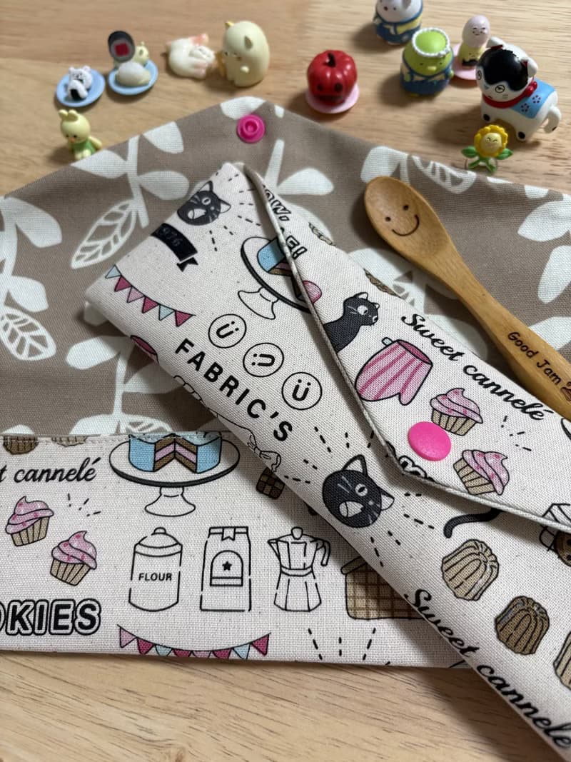 文青風環保純棉筷袋 貓咪下午茶 原胚卡其 竹林聽風 厚實手感 童