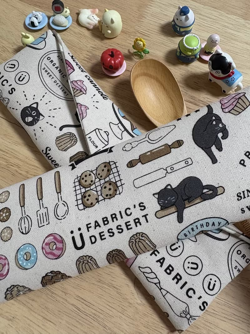 文青風環保純棉筷袋 貓咪下午茶 原胚卡其 竹林聽風 厚實手感 童