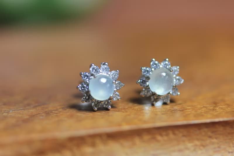 冰種翡翠耳釘耳環耳飾 鑲嵌s925銀  蛋面國風新中式設計