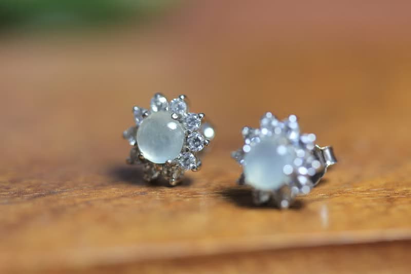 冰種翡翠耳釘耳環耳飾 鑲嵌s925銀  蛋面國風新中式設計