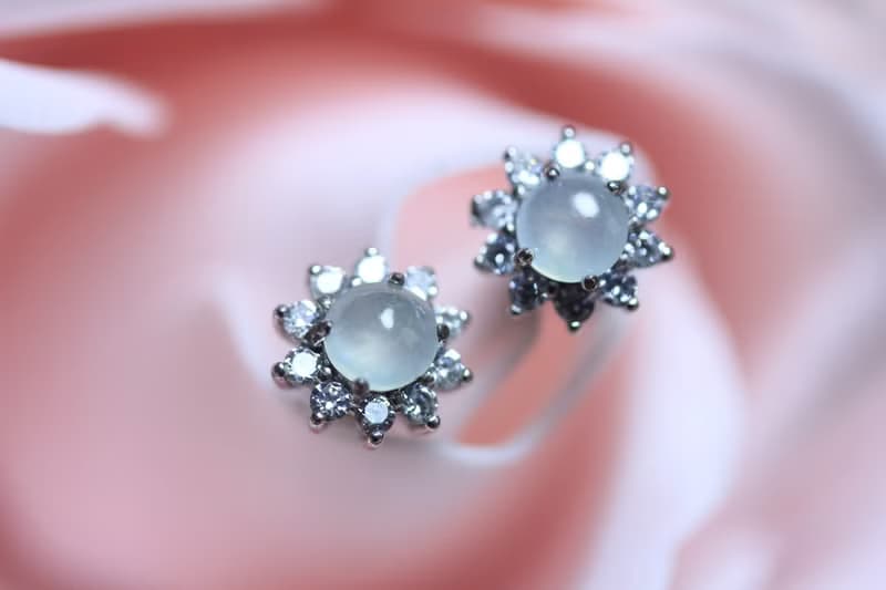 冰種翡翠耳釘耳環耳飾 鑲嵌s925銀  蛋面國風新中式設計