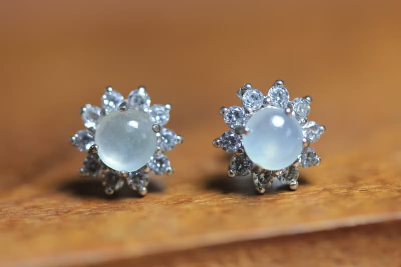 冰種翡翠耳釘耳環耳飾 鑲嵌s925銀  蛋面國風新中式設計