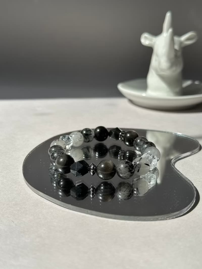 情侶款ll黑銀曜石 黑髮晶 白水晶 天然水晶手鍊/ 驅邪擋煞 防小人