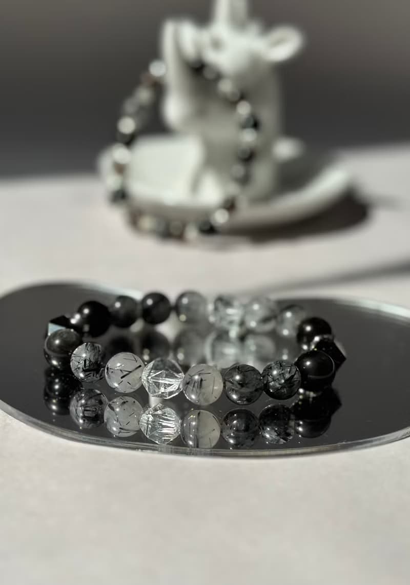 情侶款ll黑銀曜石 黑髮晶 白水晶 天然水晶手鍊/ 驅邪擋煞 防小人