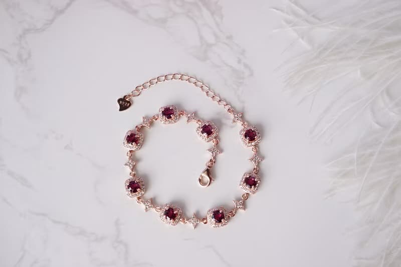 Natural Rhodolite Garnet Bracelet Sterling Silver 925 With Rosegold Plated.