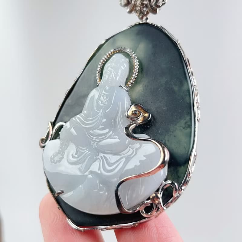 白翡翡翠自在觀音菩薩項鍊 925純銀 | 天然緬甸玉翡翠A貨 |  送禮