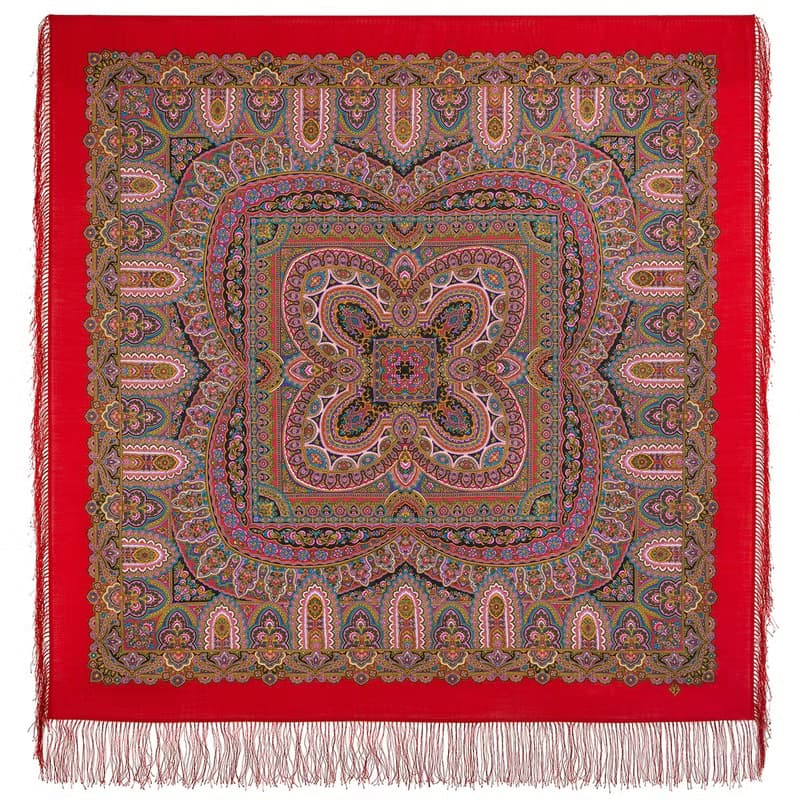 Pavlovo Posad Russian Shawl 100% Wool Scarf 125x125 cm Wrap Silk Fringe 1903-5