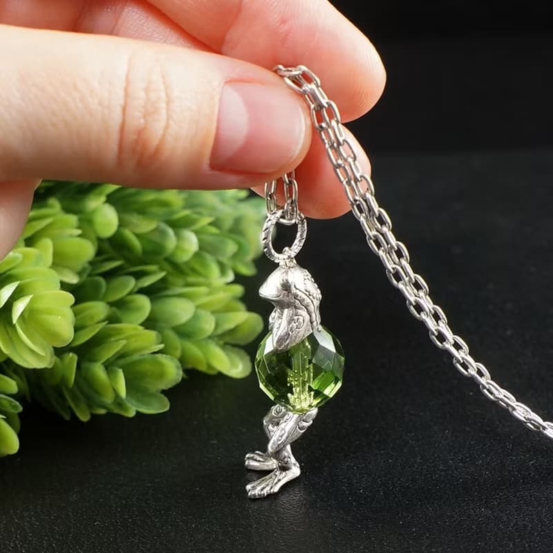 Olive Green Glass Silver Frog Froggy Pendant Necklace Girl Woman Jewelry Gift